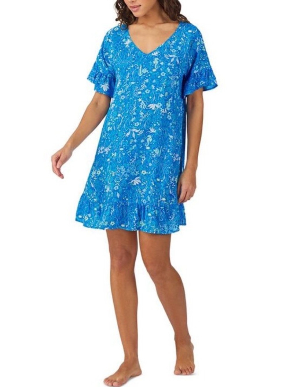 Cuddl Duds Blue Floral V-Neck Sleep Tunic Dress Ruffle Hem Soft Loungewear SZ: L